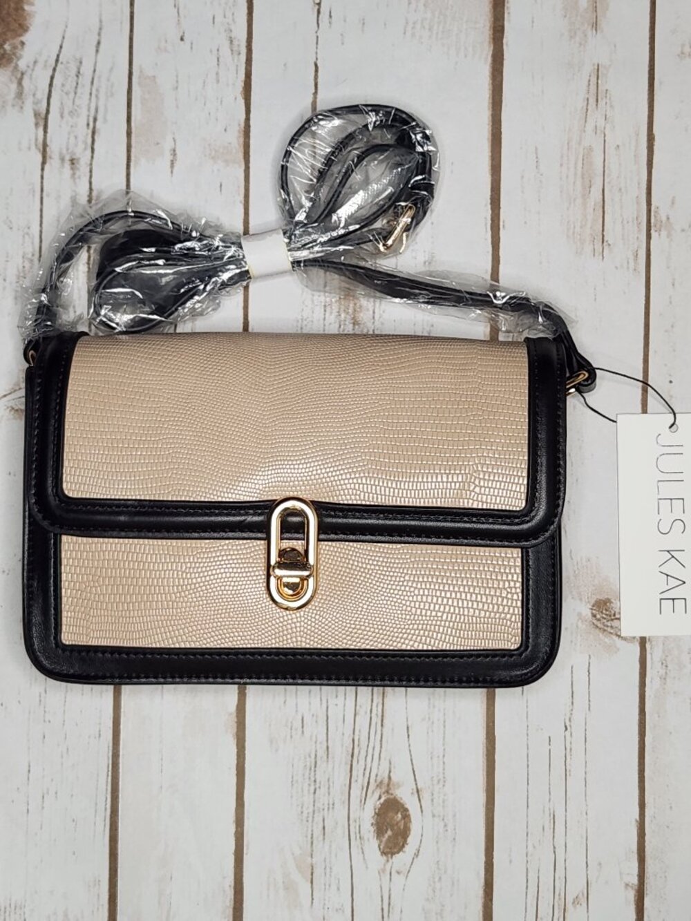 Jules Kae Vegan Leather Crossbody Bag Beige Black Lizard Embossed NWT